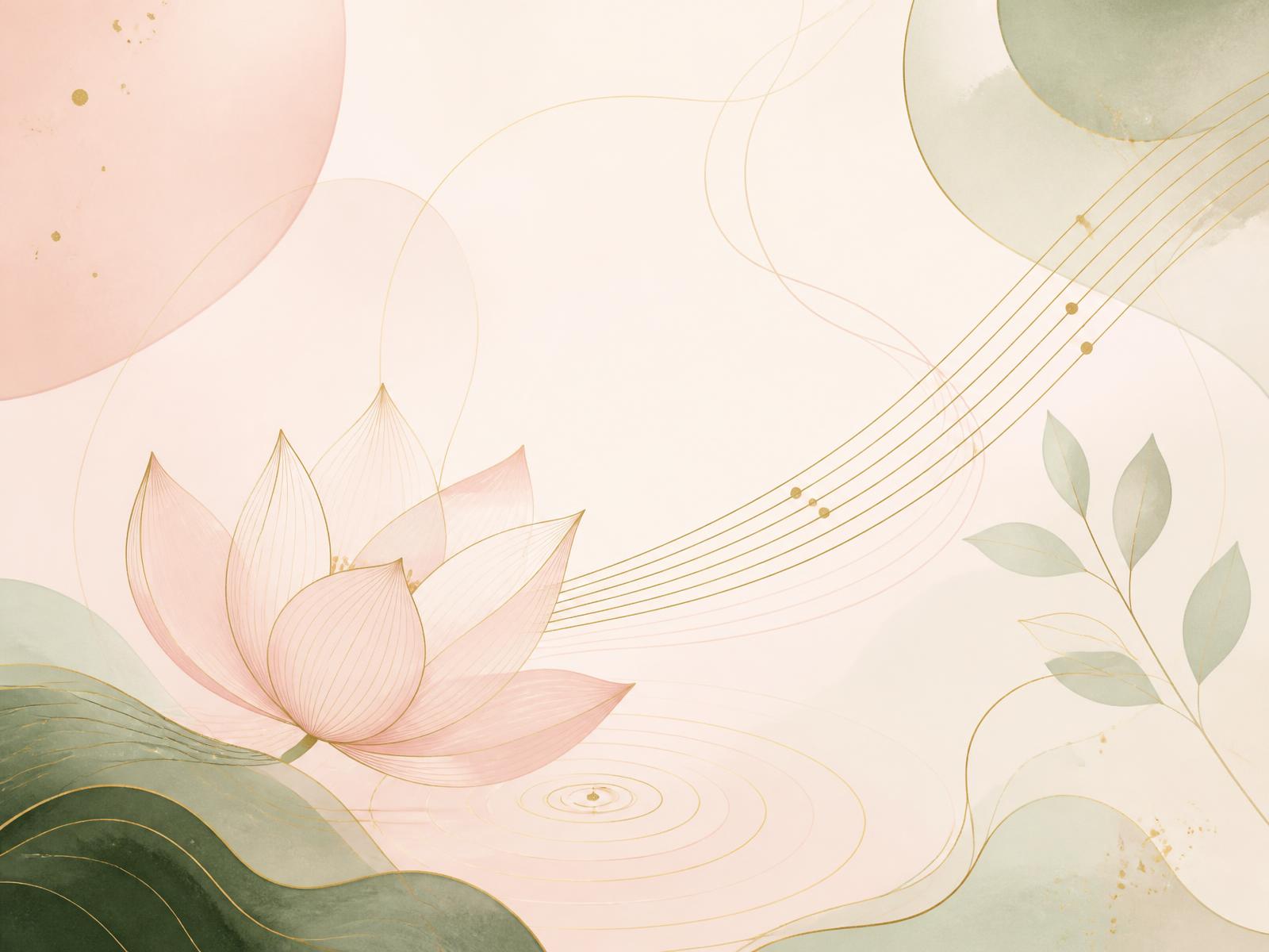 Line drawing of a lotus opening into gentle sound ripples and musical strings